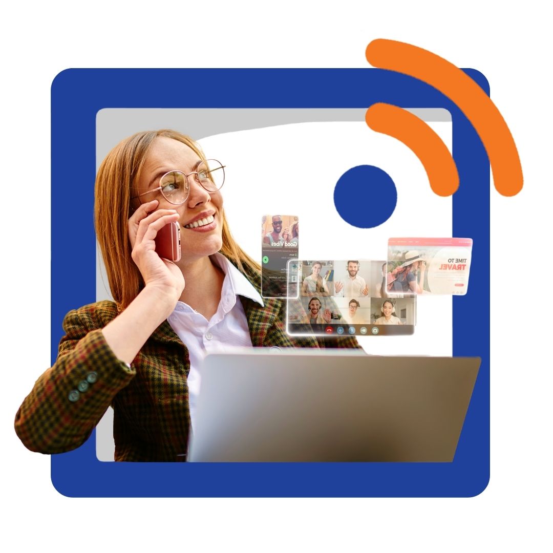 Woman talking on a phone with a laptop in front of her